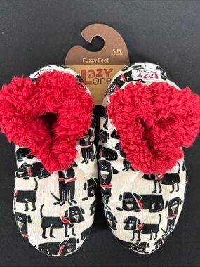Lazy One Women’s Black & White Dog-Print Slippers with Red Fuzzy Trim